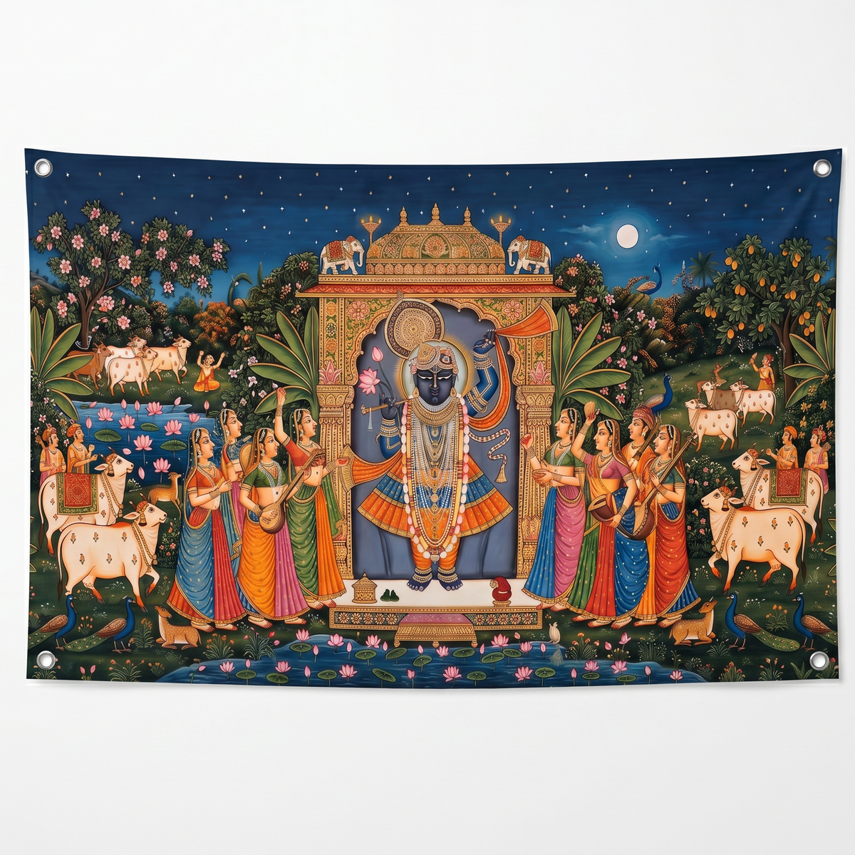 Shreenathji Wall Tapestry | Nathdwara Krishna HD Satin Wall Hanging | Hindu Devotional Temple Home Decor