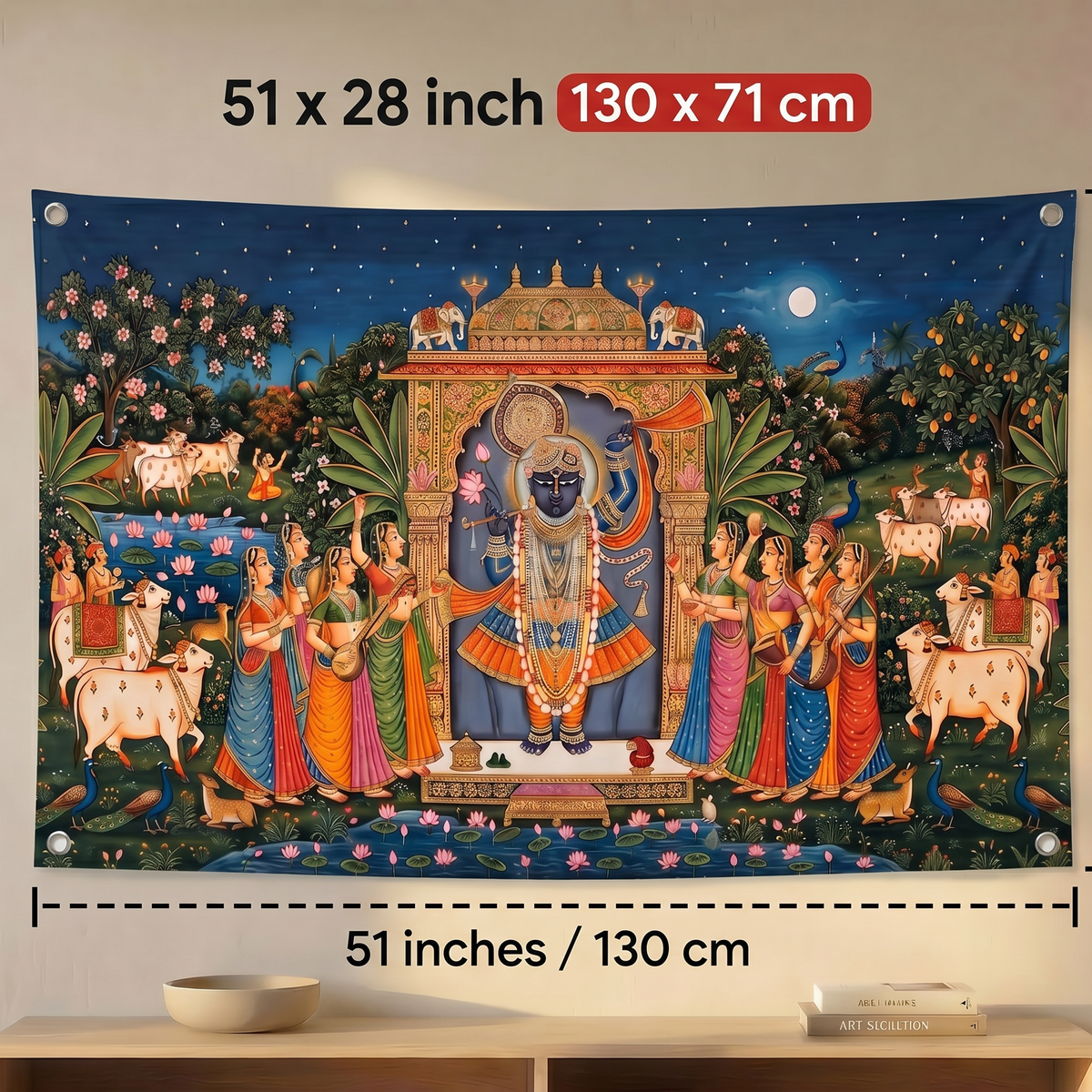 Shreenathji Wall Tapestry | Nathdwara Krishna HD Satin Wall Hanging | Hindu Devotional Temple Home Decor