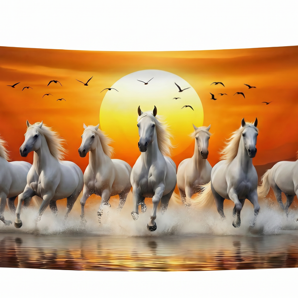 Running White Horses Wall Tapestry | Sunset Horse HD Satin Wall Hanging | Nature & Wildlife Home Decor