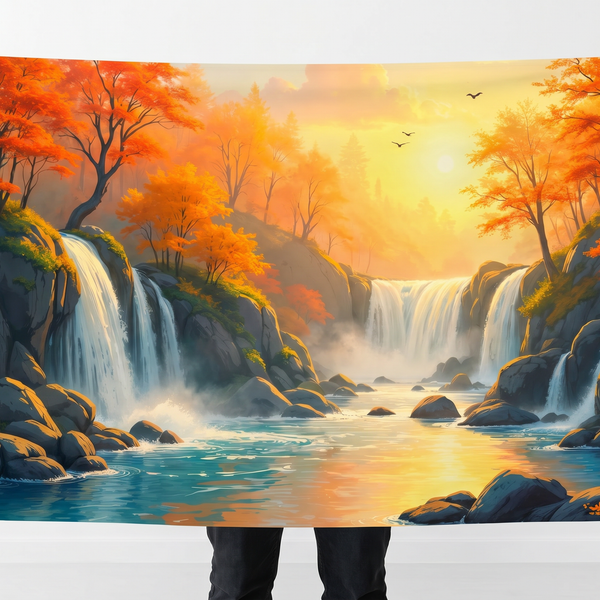 Autumn Waterfall Landscape Wall Tapestry | Scenic Nature HD Satin Polyester Wall Hanging | Sunset Forest Home Decor