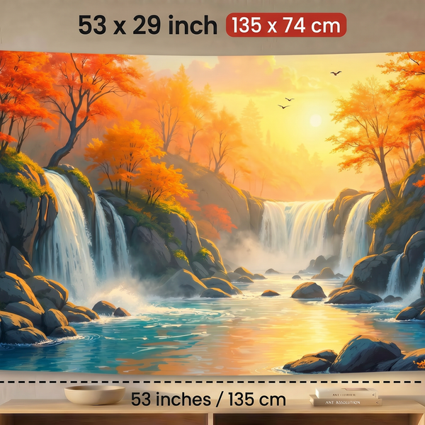 Autumn Waterfall Landscape Wall Tapestry | Scenic Nature HD Satin Polyester Wall Hanging | Sunset Forest Home Decor