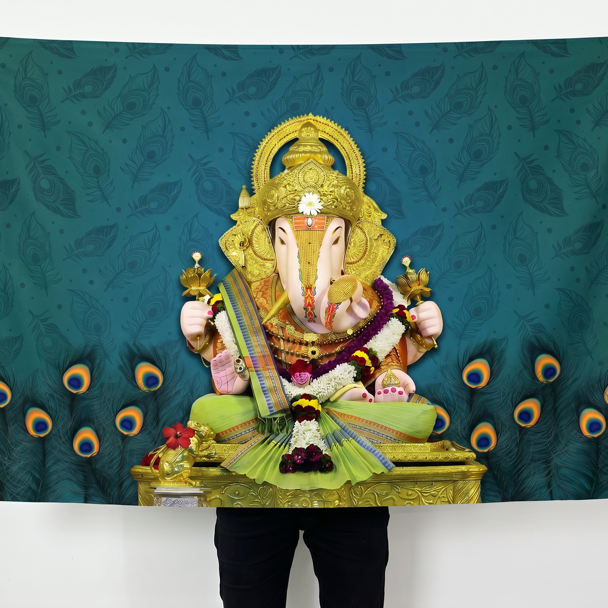 Lord Ganesha Wall Tapestry with Peacock Feather Design | HD Satin Polyester Ganpati Wall Hanging for Home Temple & Living Room