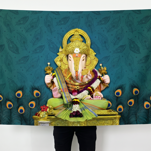 Lord Ganesha Wall Tapestry with Peacock Feather Design | HD Satin Polyester Ganpati Wall Hanging for Home Temple & Living Room