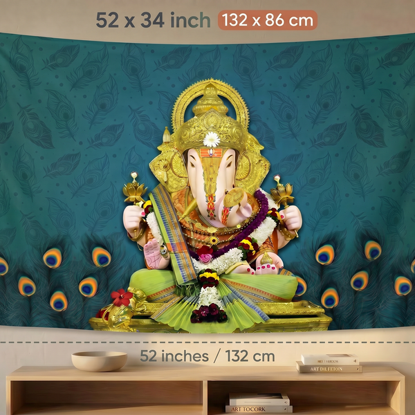 Lord Ganesha Wall Tapestry with Peacock Feather Design | HD Satin Polyester Ganpati Wall Hanging for Home Temple & Living Room