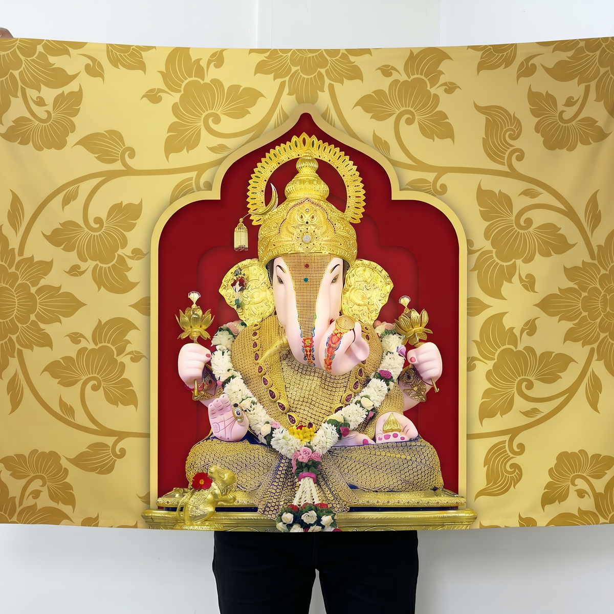 Lord Ganesha Wall Tapestry with Golden Floral Background | HD Satin Polyester Ganpati Wall Hanging for Home Temple & Living Room