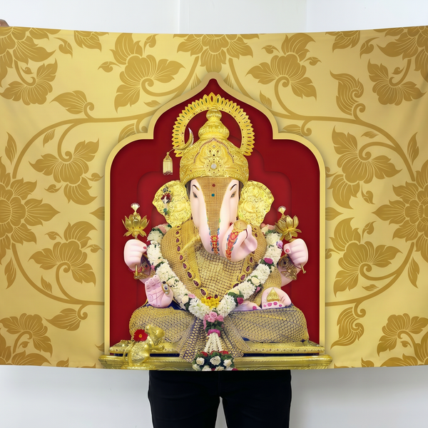 Lord Ganesha Wall Tapestry with Golden Floral Background | HD Satin Polyester Ganpati Wall Hanging for Home Temple & Living Room