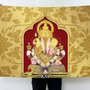 Lord Ganesha Wall Tapestry with Golden Floral Background | HD Satin Polyester Ganpati Wall Hanging for Home Temple & Living Room