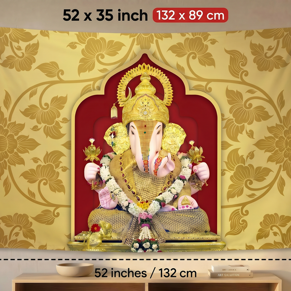 Lord Ganesha Wall Tapestry with Golden Floral Background | HD Satin Polyester Ganpati Wall Hanging for Home Temple & Living Room