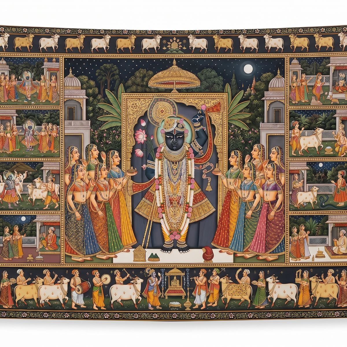 Shreenathji Wall Tapestry with Pichwai Art | HD Satin Polyester Krishna Wall Hanging for Home Temple & Living Room