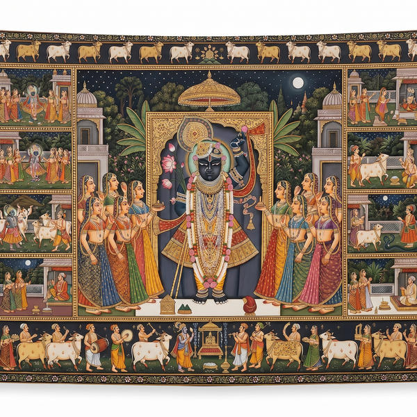 Shreenathji Wall Tapestry with Pichwai Art | HD Satin Polyester Krishna Wall Hanging for Home Temple & Living Room