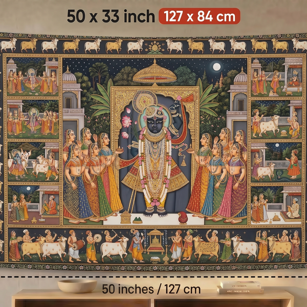 Shreenathji Wall Tapestry with Pichwai Art | HD Satin Polyester Krishna Wall Hanging for Home Temple & Living Room