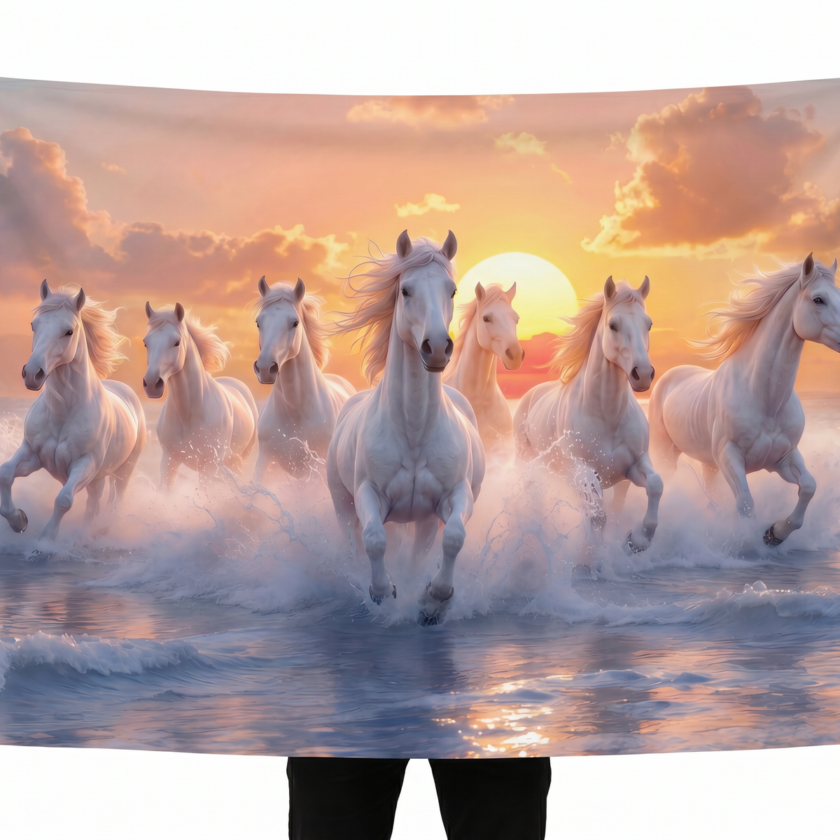 Running White Horses Wall Tapestry at Sunset | HD Satin Polyester Nature Wall Hanging for Living Room, Bedroom & Office