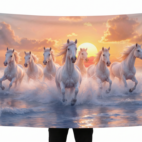 Running White Horses Wall Tapestry at Sunset | HD Satin Polyester Nature Wall Hanging for Living Room, Bedroom & Office