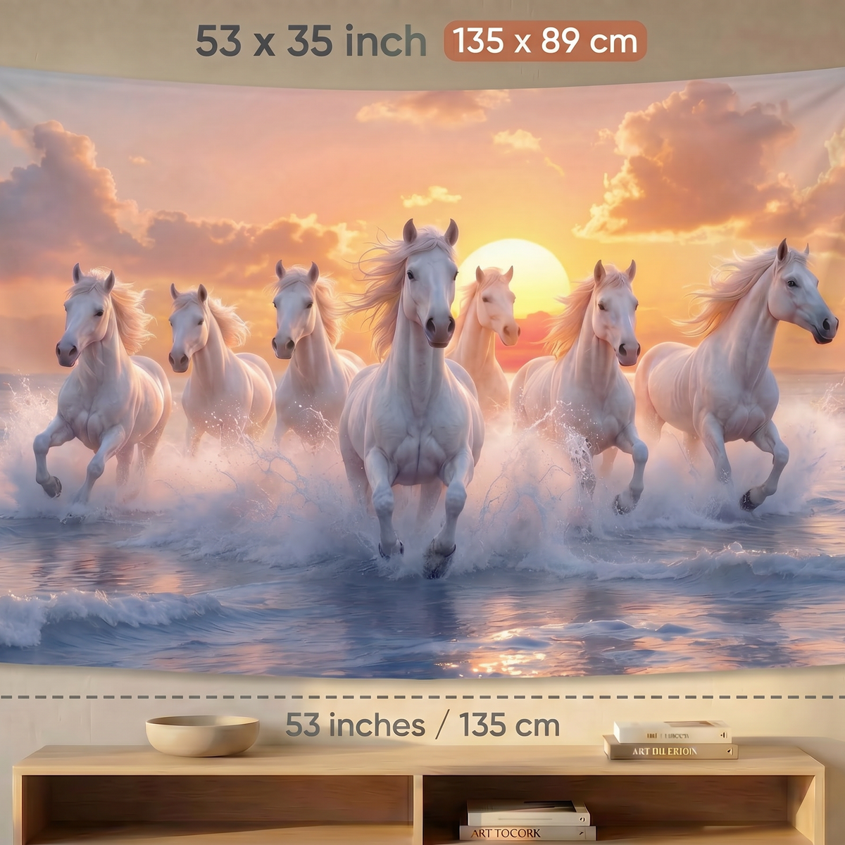 Running White Horses Wall Tapestry at Sunset | HD Satin Polyester Nature Wall Hanging for Living Room, Bedroom & Office