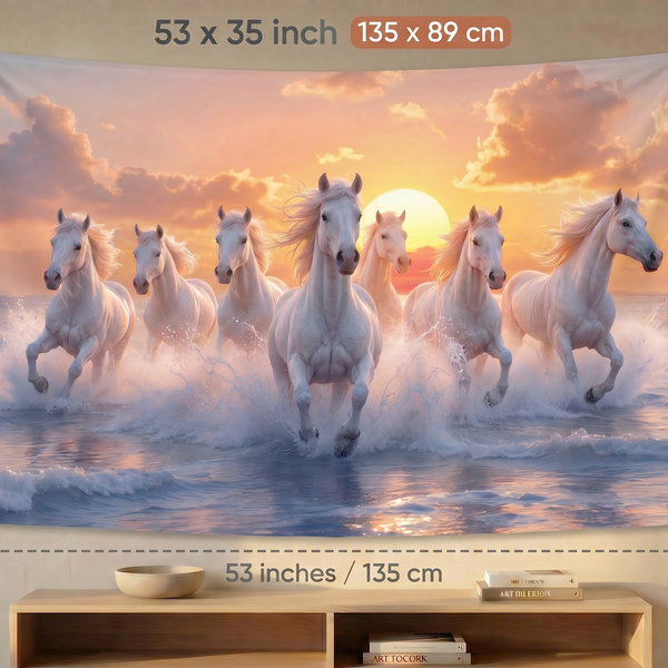 Running White Horses Wall Tapestry at Sunset | HD Satin Polyester Nature Wall Hanging for Living Room, Bedroom & Office