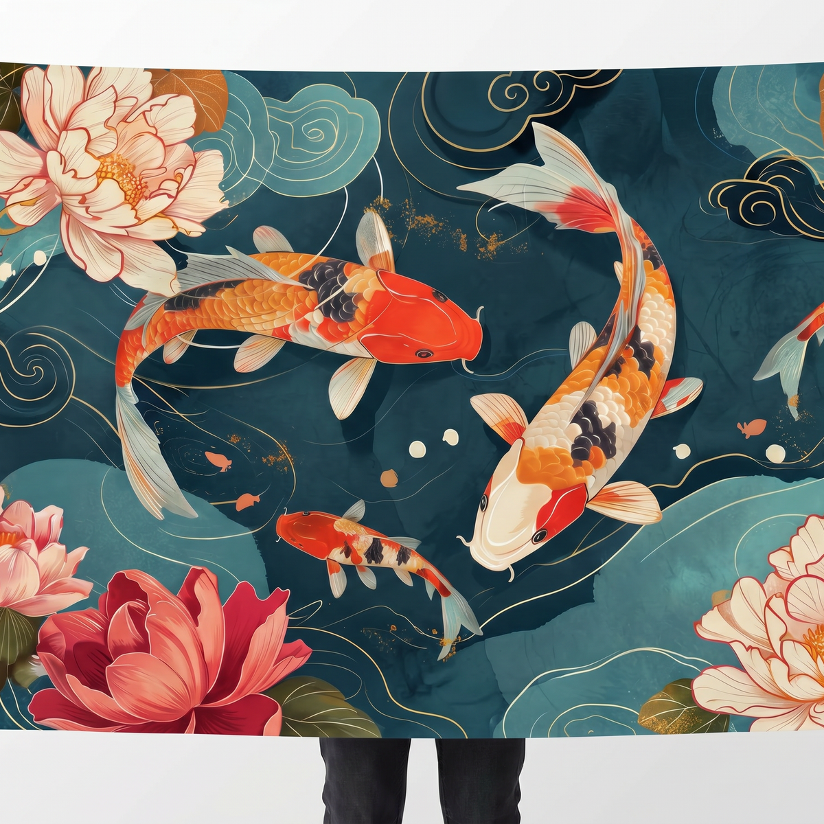 Koi Fish Wall Tapestry with Lotus Flowers | HD Satin Polyester Japanese Style Wall Hanging for Living Room, Bedroom & Office
