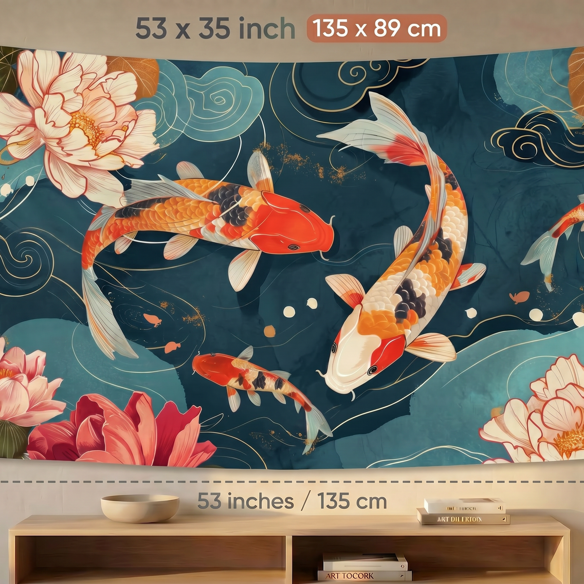 Koi Fish Wall Tapestry with Lotus Flowers | HD Satin Polyester Japanese Style Wall Hanging for Living Room, Bedroom & Office