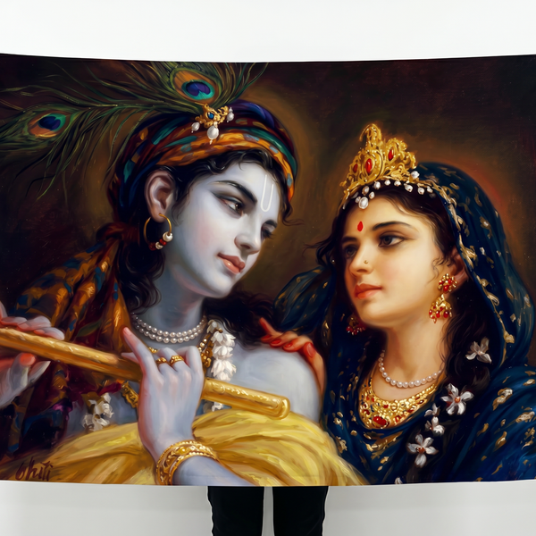 Radha Krishna Wall Tapestry | Romantic Krishna & Radha HD Satin Polyester Wall Hanging for Living Room, Bedroom & Temple Decor