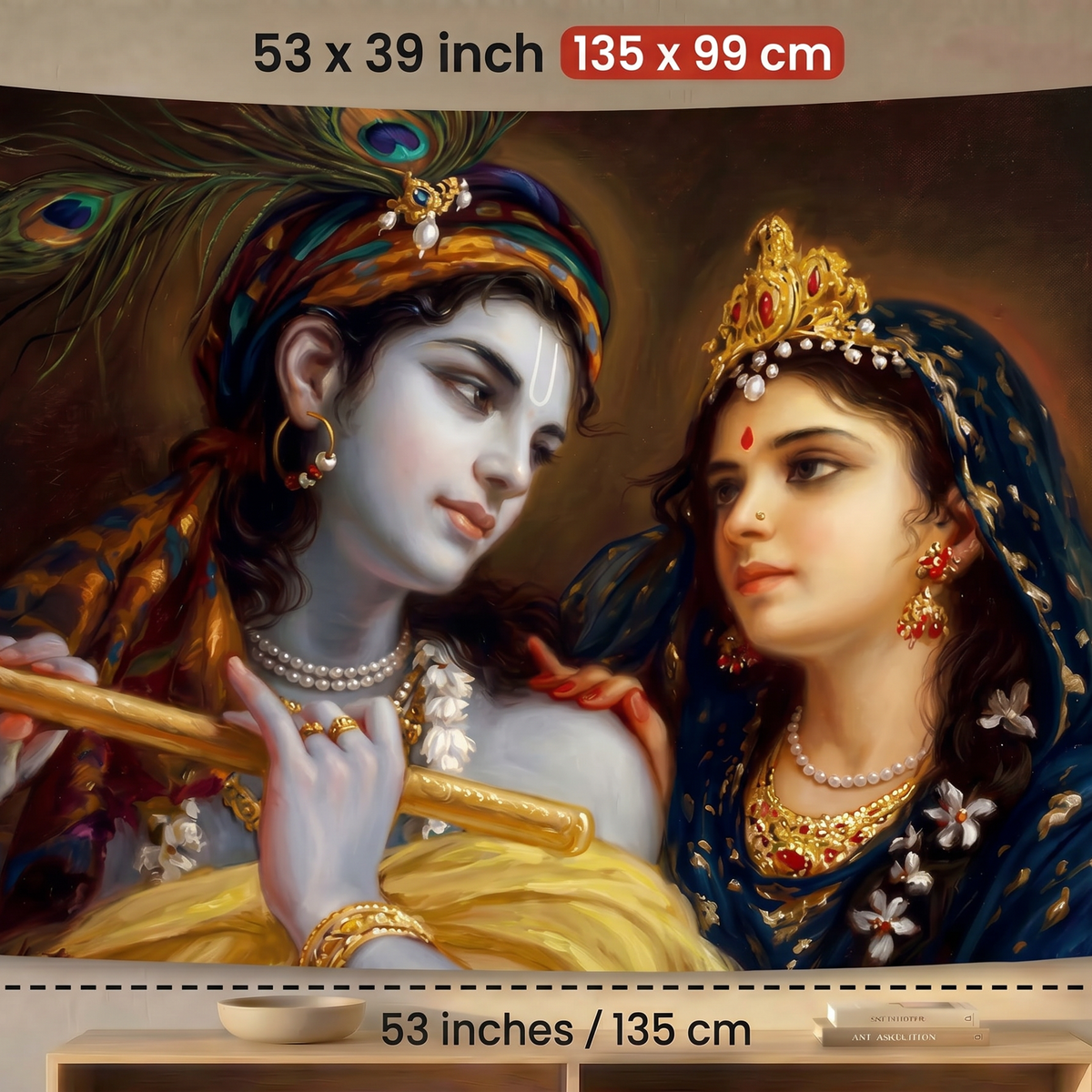 Radha Krishna Wall Tapestry | Romantic Krishna & Radha HD Satin Polyester Wall Hanging for Living Room, Bedroom & Temple Decor