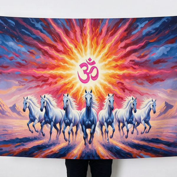 Om Symbol Seven White Horses Wall Tapestry | Vastu Lucky Horse HD Satin Polyester Wall Hanging for Living Room, Office & Meditation Room