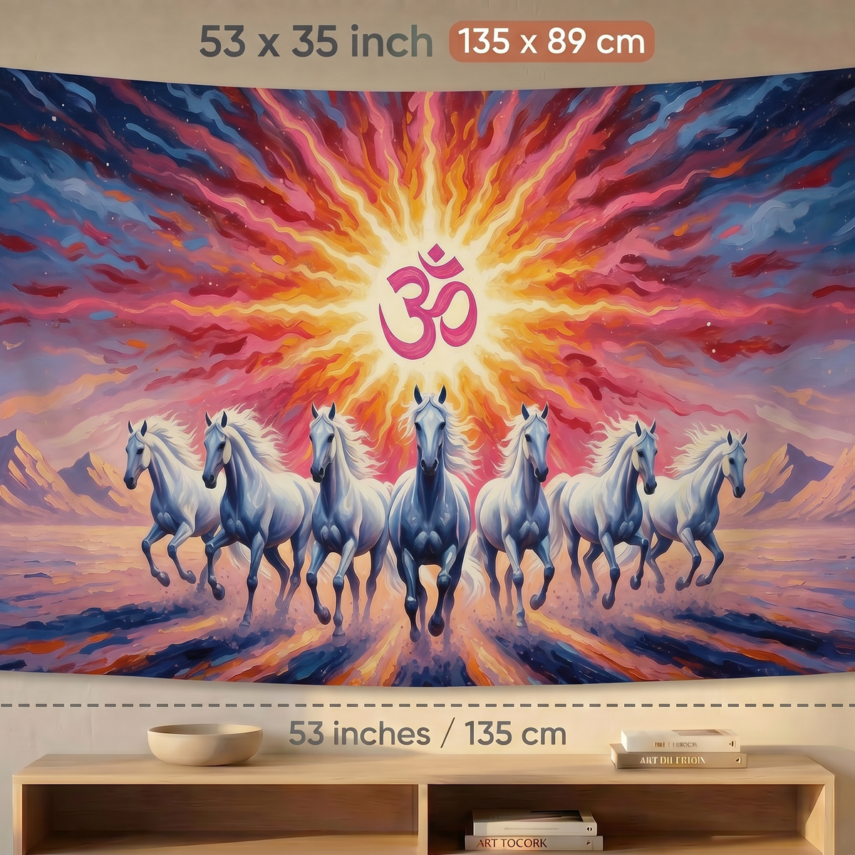 Om Symbol Seven White Horses Wall Tapestry | Vastu Lucky Horse HD Satin Polyester Wall Hanging for Living Room, Office & Meditation Room