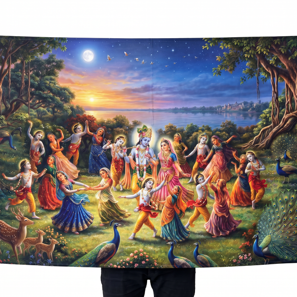 Krishna Raas Leela Wall Tapestry | Radha Krishna Raslila HD Satin Polyester Wall Hanging for Living Room, Bedroom & Temple Decor
