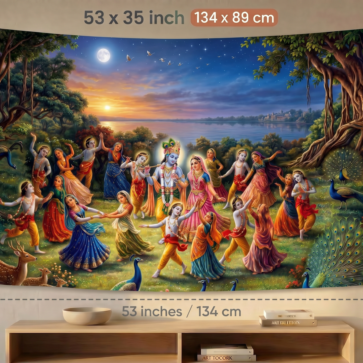 Krishna Raas Leela Wall Tapestry | Radha Krishna Raslila HD Satin Polyester Wall Hanging for Living Room, Bedroom & Temple Decor