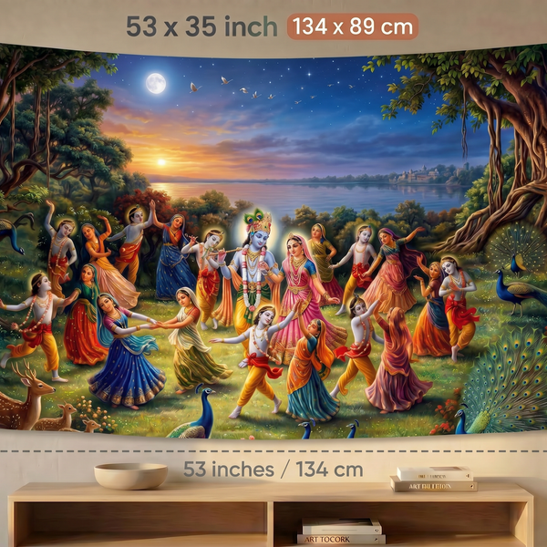 Krishna Raas Leela Wall Tapestry | Radha Krishna Raslila HD Satin Polyester Wall Hanging for Living Room, Bedroom & Temple Decor