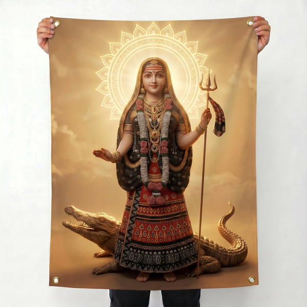 Maa Khodiyar Wall Tapestry | Khodiyar Mata HD Satin Polyester Wall Hanging for Home Temple, Living Room & Pooja Room Decor