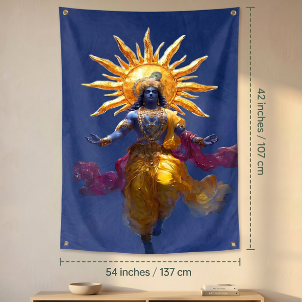 Lord Krishna Vishwaroop Wall Tapestry | Divine Krishna HD Satin Polyester Wall Hanging for Living Room, Bedroom & Temple Decor