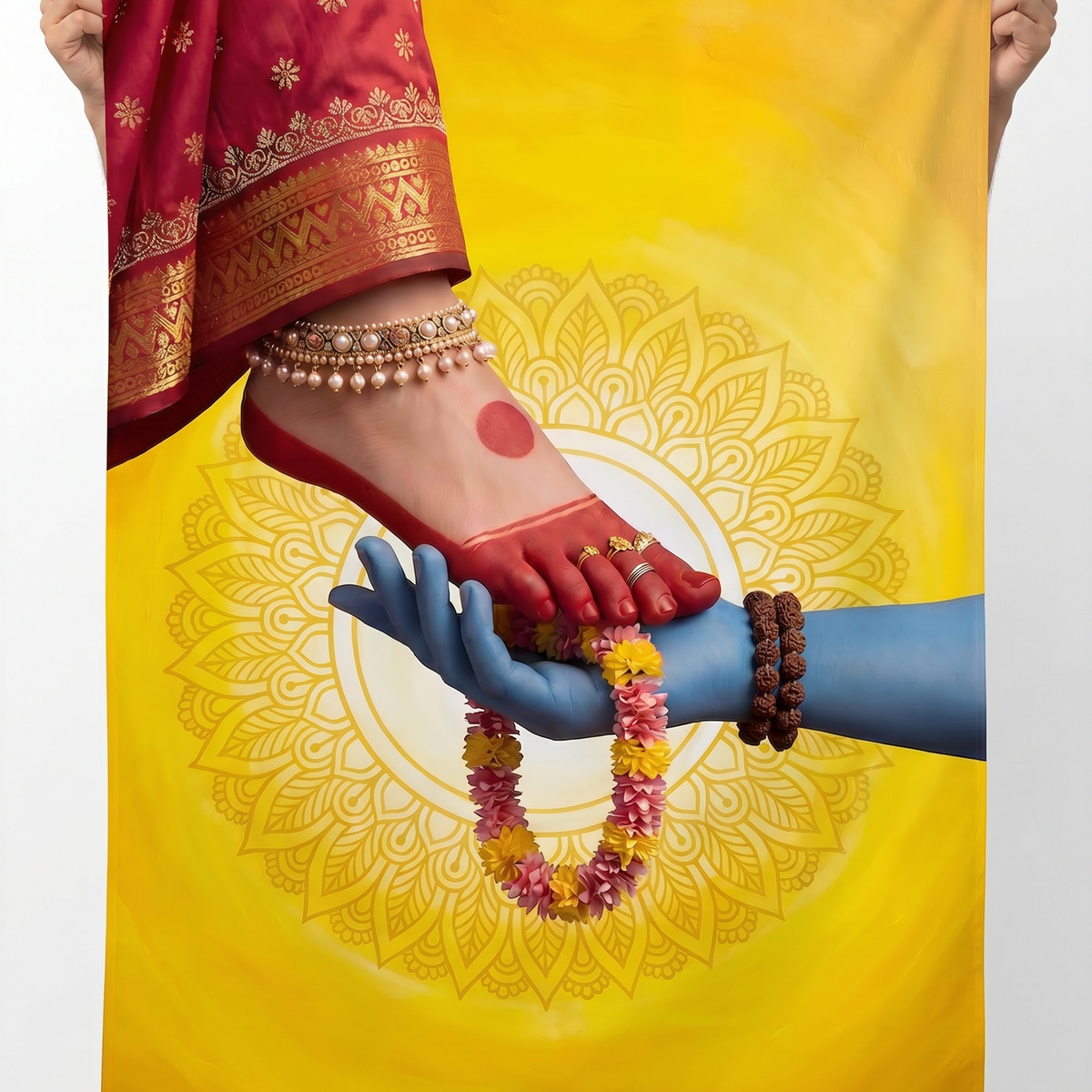 Premium Shiv Shakti wall tapestry featuring Lord Shiva holding Goddess Parvati's feet with a radiant mandala background, printed on satin polyester for home temple, pooja room, and spiritual wall decor.