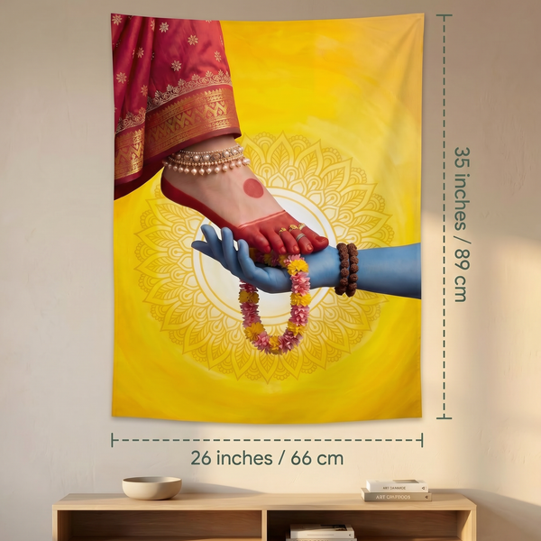 Shiv Shakti Wall Tapestry | Shiva Holding Goddess Parvati's Feet HD Satin Polyester Wall Hanging for Living Room, Bedroom & Temple Decor