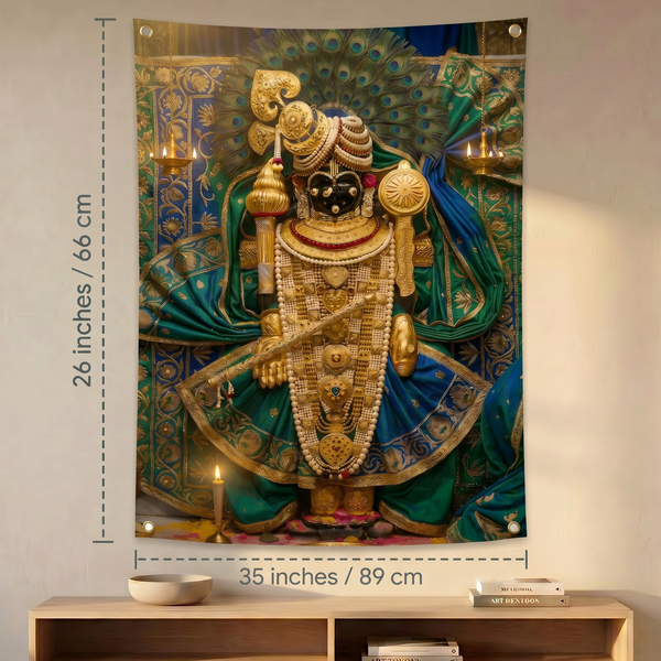 Shreenathji Wall Tapestry | Nathdwara Srinath Ji HD Satin Polyester Wall Hanging for Home Temple, Pooja Room & Spiritual Decor