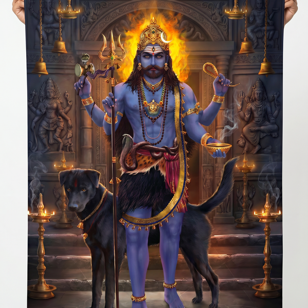 Kaal Bhairav Wall Tapestry | Lord Kal Bhairav HD Satin Polyester Wall Hanging for Home Temple, Meditation & Spiritual Decor