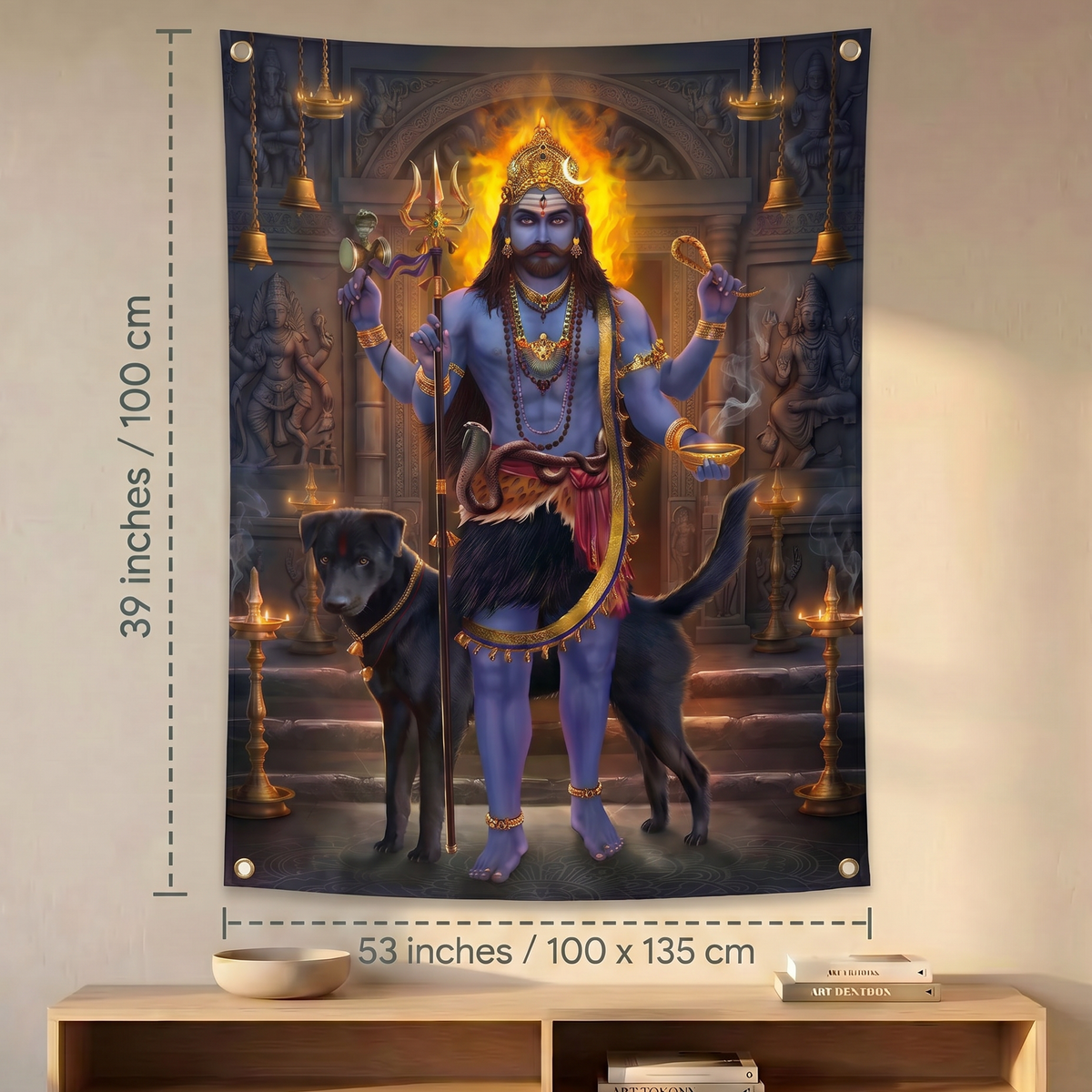 Kaal Bhairav Wall Tapestry | Lord Kal Bhairav HD Satin Polyester Wall Hanging for Home Temple, Meditation & Spiritual Decor