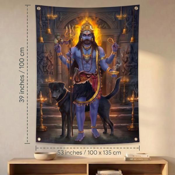 Kaal Bhairav Wall Tapestry | Lord Kal Bhairav HD Satin Polyester Wall Hanging for Home Temple, Meditation & Spiritual Decor
