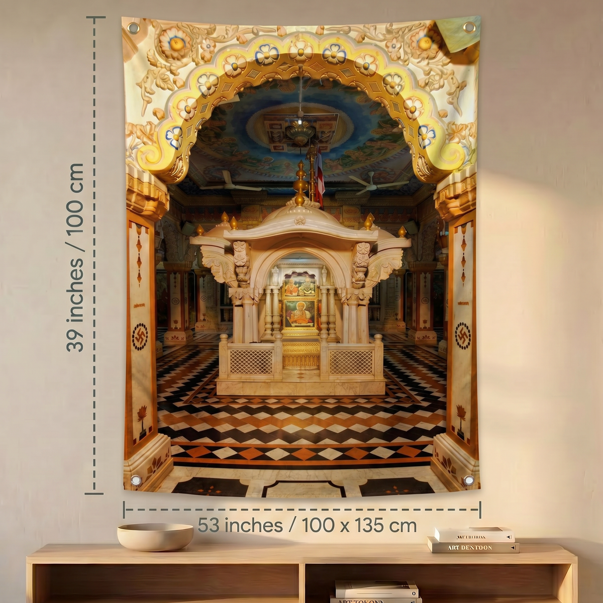 Swaminarayan Temple Wall Tapestry | Akshar Purushottam Mandir HD Satin Polyester Wall Hanging for Home Temple & Spiritual Decor