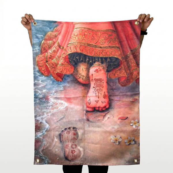Mata Rani Charan Wall Tapestry | Divine Devi Feet Satin Wall Hanging | Hindu Spiritual Wall Decor