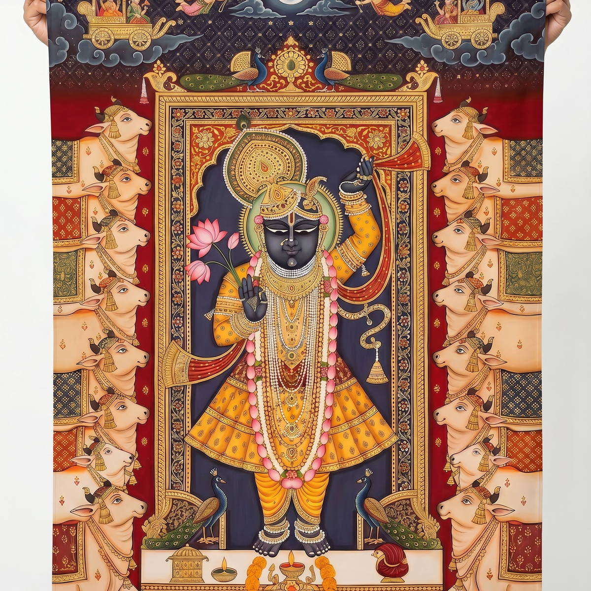 Shrinathji Wall Tapestry | Nathdwara Shrinathji Pichwai Krishna Satin Polyester Wall Hanging for Home Temple & Pooja Room