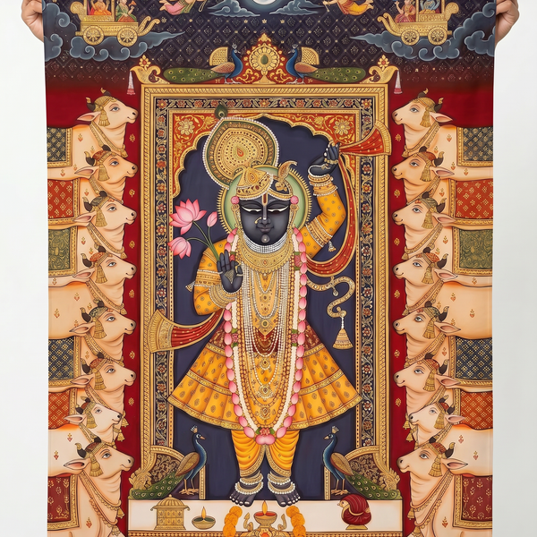 Shrinathji Wall Tapestry | Nathdwara Shrinathji Pichwai Krishna Satin Polyester Wall Hanging for Home Temple & Pooja Room