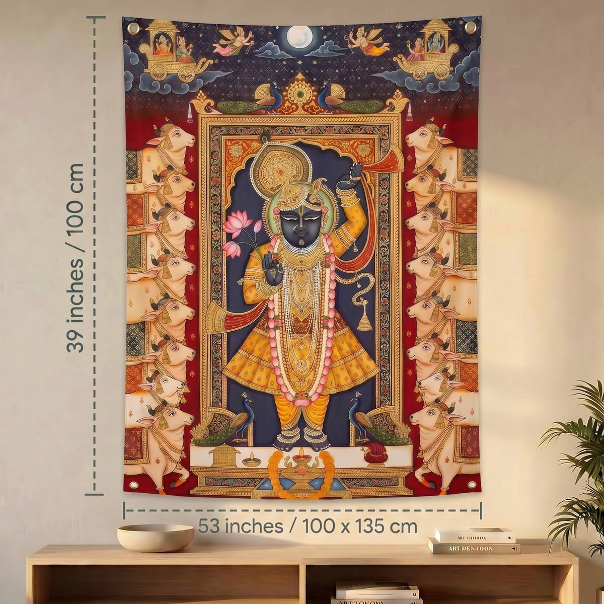 Shrinathji Wall Tapestry | Nathdwara Shrinathji Pichwai Krishna Satin Polyester Wall Hanging for Home Temple & Pooja Room