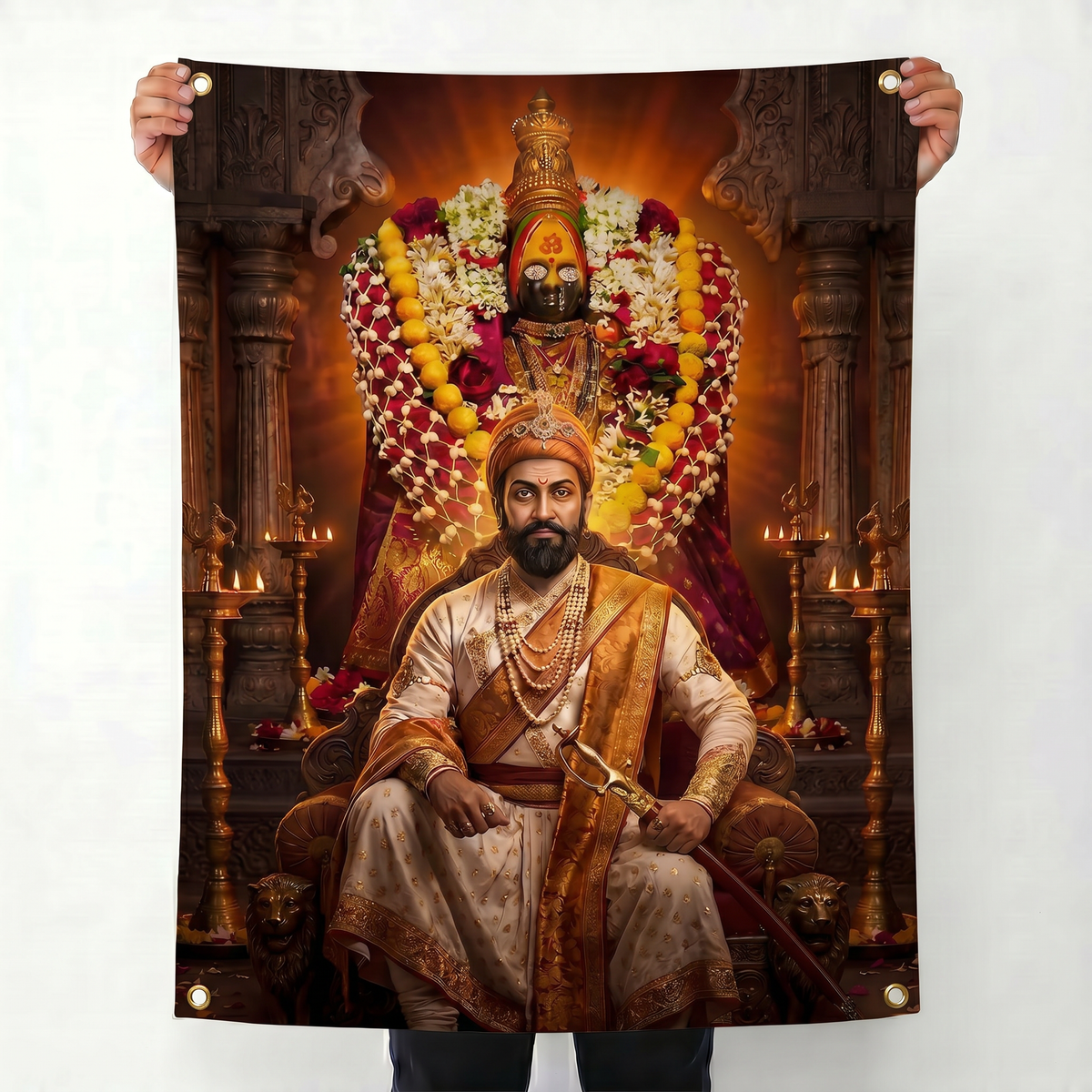 Chhatrapati Shivaji Maharaj Wall Tapestry | Shivaji Maharaj with Tulja Bhavani Satin Polyester Wall Hanging for Home & Office