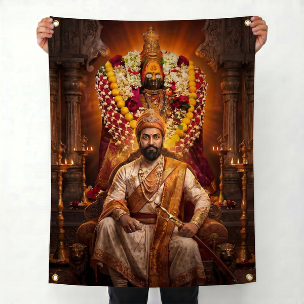 Chhatrapati Shivaji Maharaj Wall Tapestry | Shivaji Maharaj with Tulja Bhavani Satin Polyester Wall Hanging for Home & Office