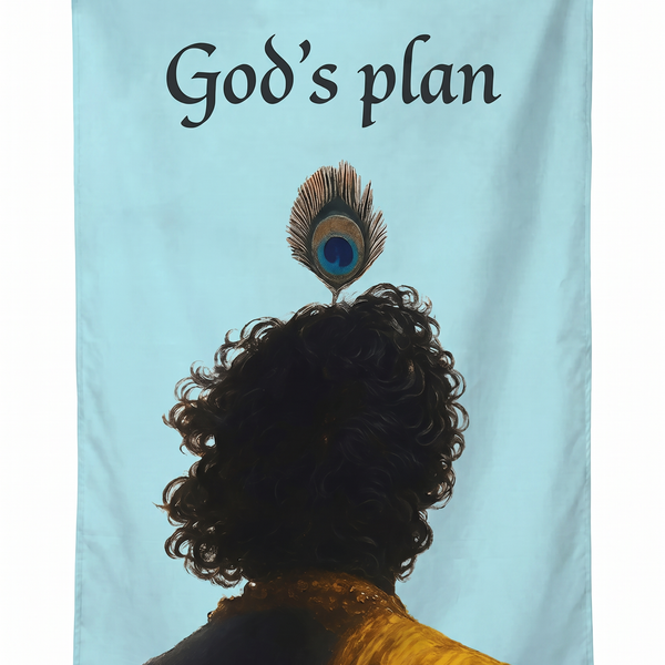 God's Plan Krishna Wall Tapestry | Spiritual Peacock Feather Art | Premium Polyester Wall Hanging