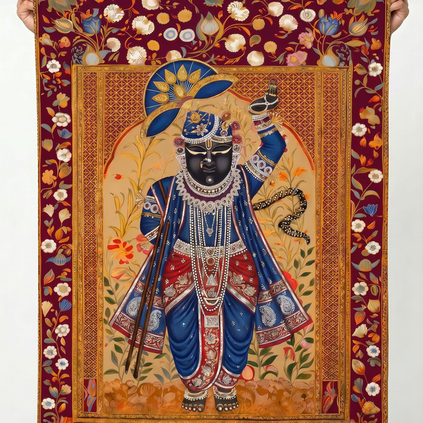 Shrinathji Pichwai Wall Tapestry | Nathdwara Lord Krishna Satin Polyester Wall Hanging for Home Temple & Pooja Room