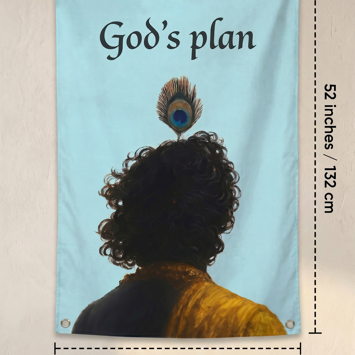God's Plan Krishna Wall Tapestry | Spiritual Peacock Feather Art | Premium Polyester Wall Hanging