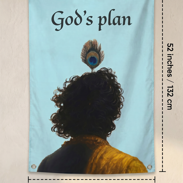 God's Plan Krishna Wall Tapestry | Spiritual Peacock Feather Art | Premium Polyester Wall Hanging