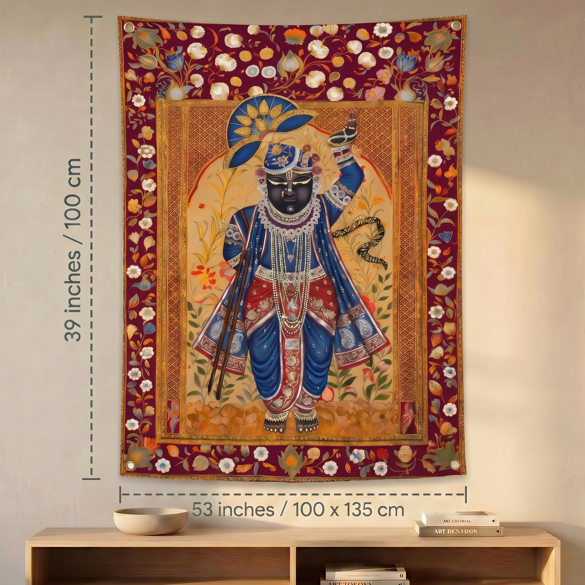 Shrinathji Pichwai Wall Tapestry | Nathdwara Lord Krishna Satin Polyester Wall Hanging for Home Temple & Pooja Room