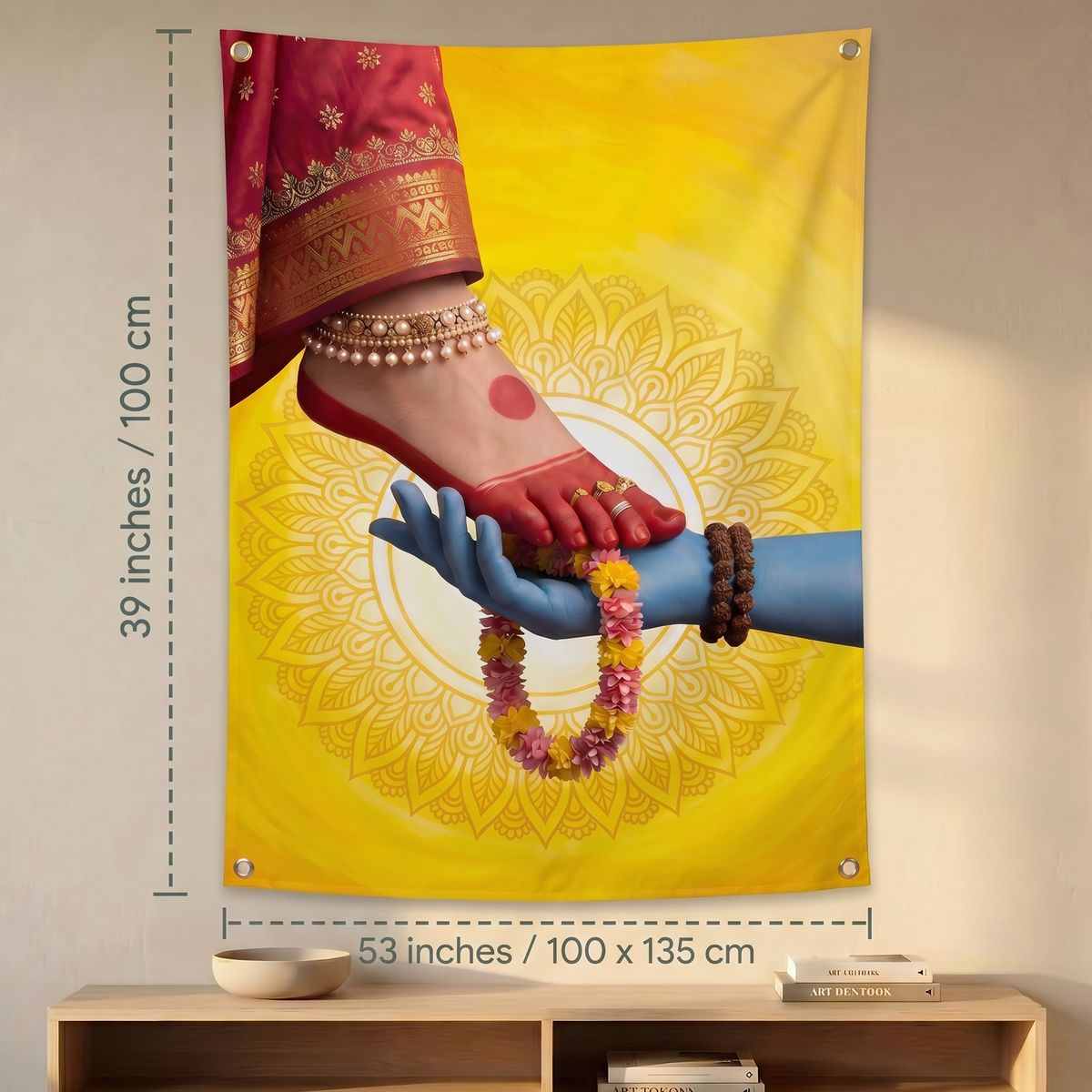 Shiv Shakti Wall Tapestry | Divine Shiva Holding Goddess Parvati's Feet Satin Polyester Wall Hanging for Home Temple & Meditation Room