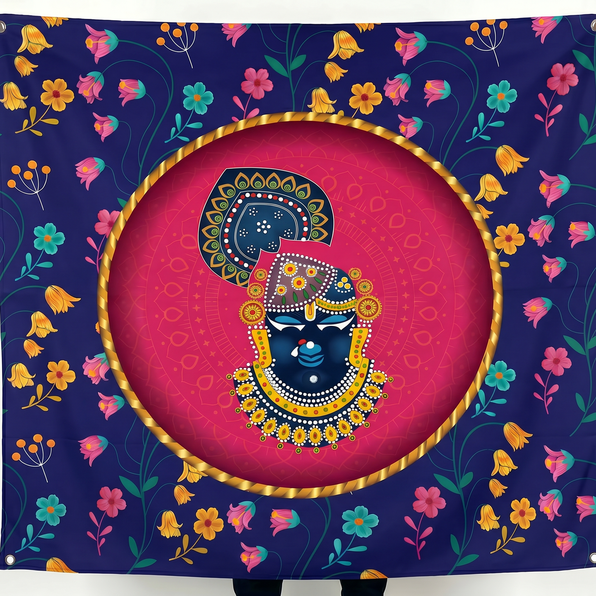 Shrinathji Floral Wall Tapestry | Modern Krishna Mandala Satin Polyester Wall Hanging for Home Temple & Living Room